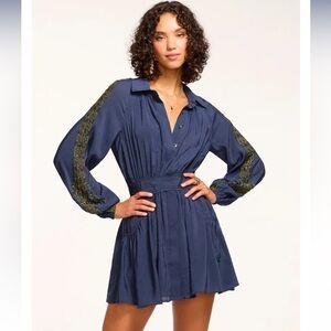 Ramy Brook Navy Mini Dress with Embroidered Sleeves
